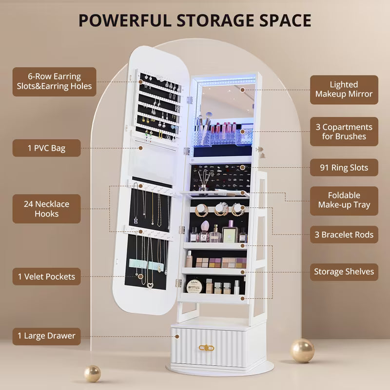 Armoire à bijoux 360° vintage avec miroir et lumières LED