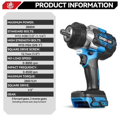 ONEVAN Visseuse à Chocs Sans Fil Brushless 1/2" de 2800 N·m | Compatible avec Batterie Makita 18V