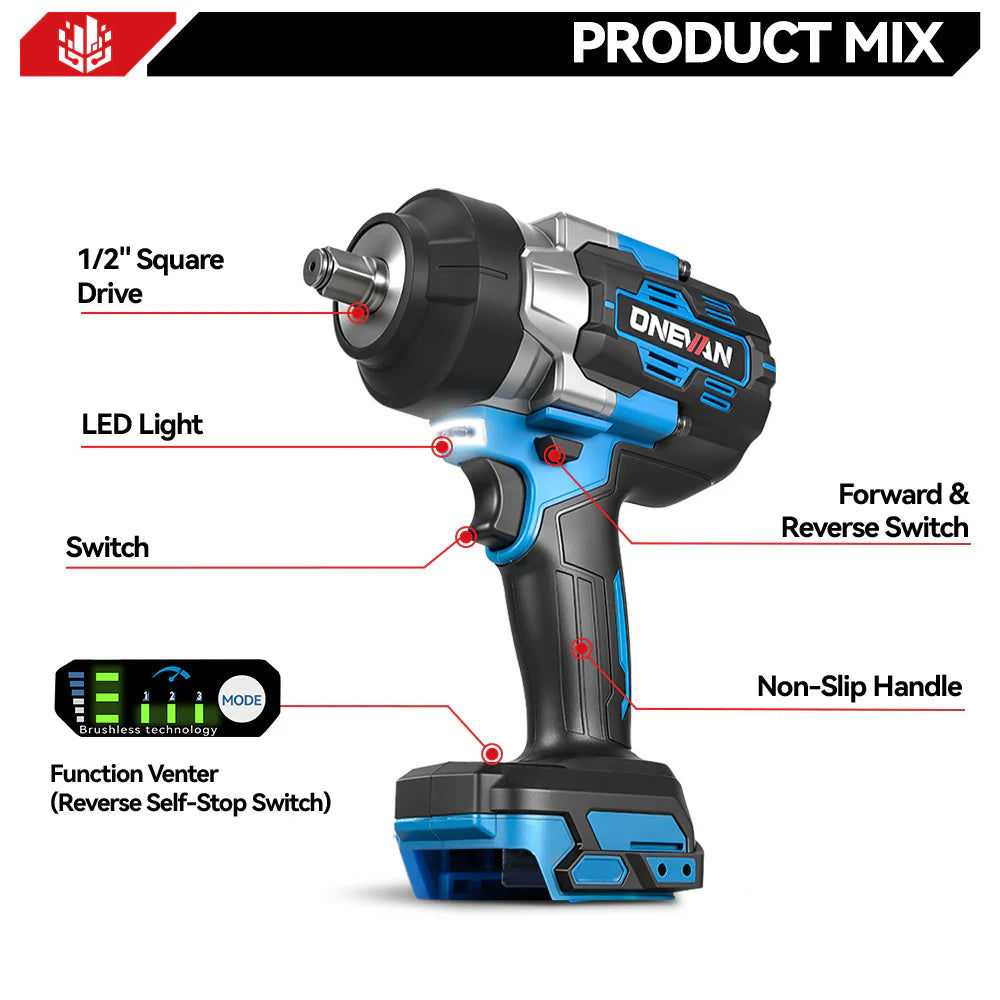 ONEVAN Visseuse à Chocs Sans Fil Brushless 1/2" de 2800 N·m | Compatible avec Batterie Makita 18V
