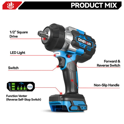 ONEVAN Visseuse à Chocs Sans Fil Brushless 1/2" de 2800 N·m | Compatible avec Batterie Makita 18V