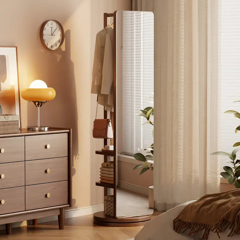 F✨ Miroir sur Pied en Bois Massif – Pivotant avec Porte-Manteau ! 🪞