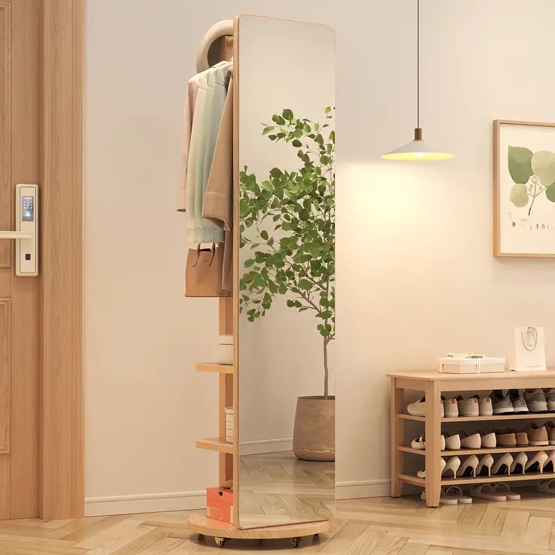 F✨ Miroir sur Pied en Bois Massif – Pivotant avec Porte-Manteau ! 🪞