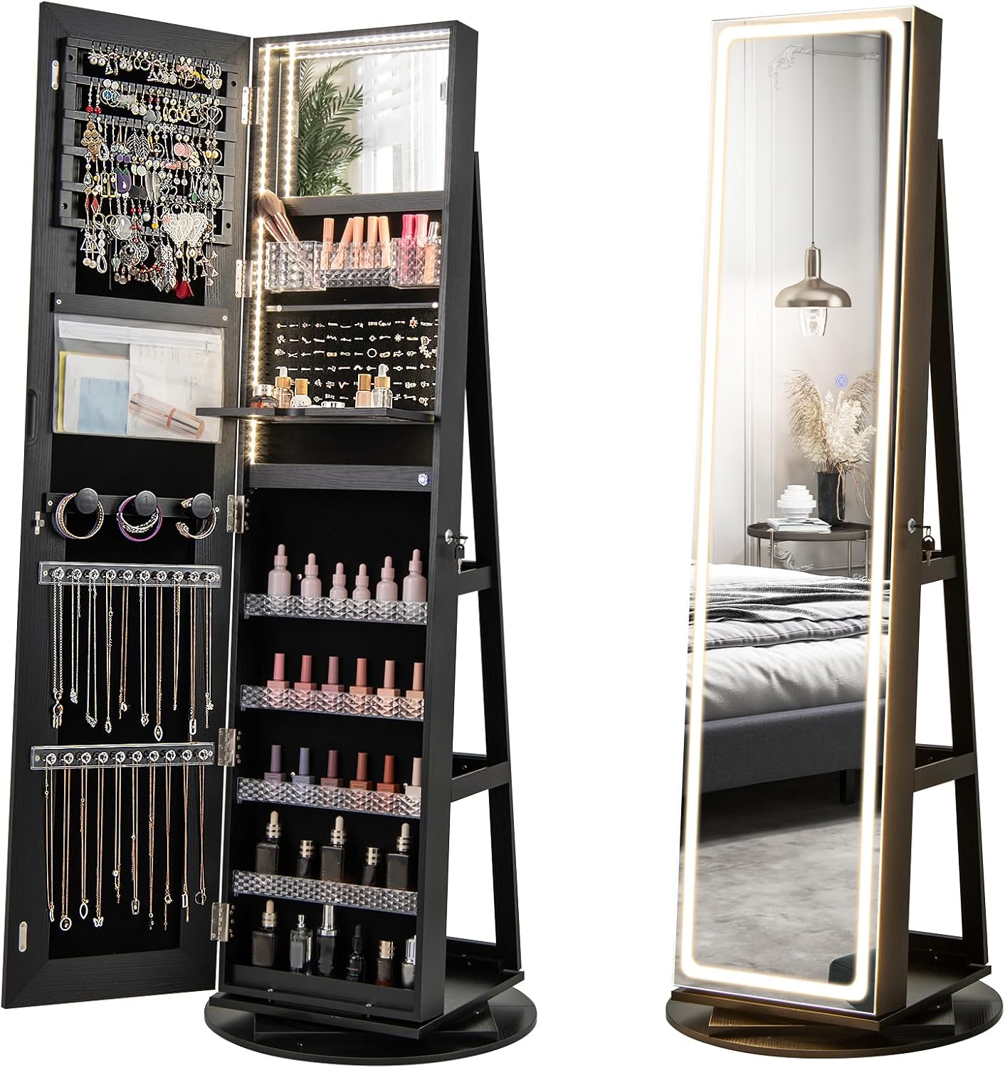 FR Armoire à bijoux avec miroir pleine longueur et lumières LED réglables