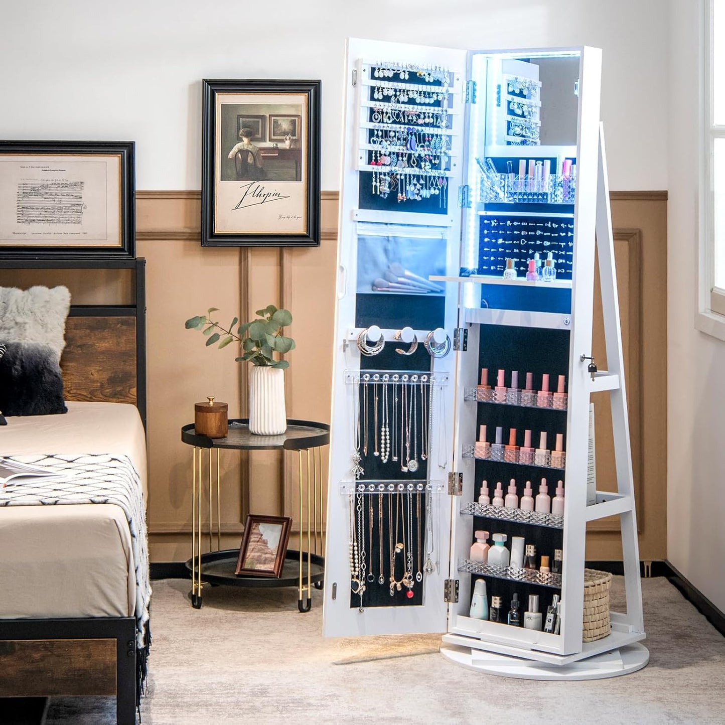 Armoire à bijoux avec miroir pleine longueur et lumières LED réglables