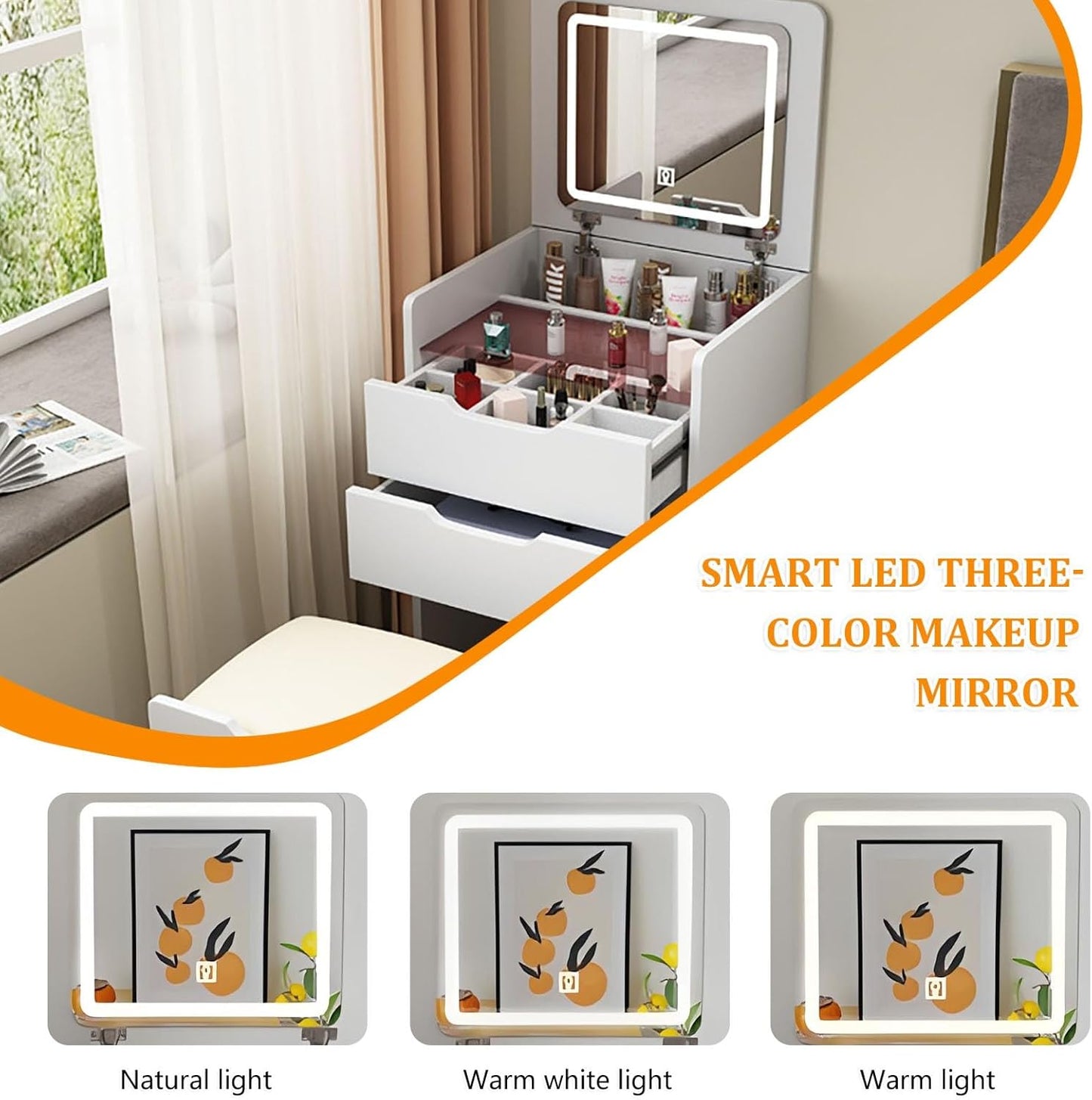 Toeletta 3-in-1 Salvaspazio con Specchio LED a Ribalta