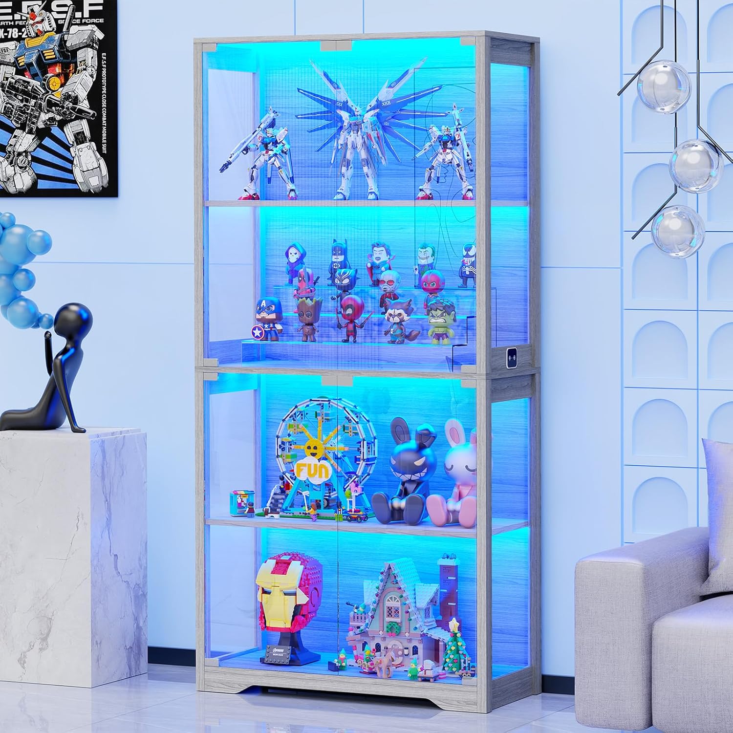 Vetrina con Ante in Vetro – Credenza a 4 Ripiani con Luci LED a 3 Colori