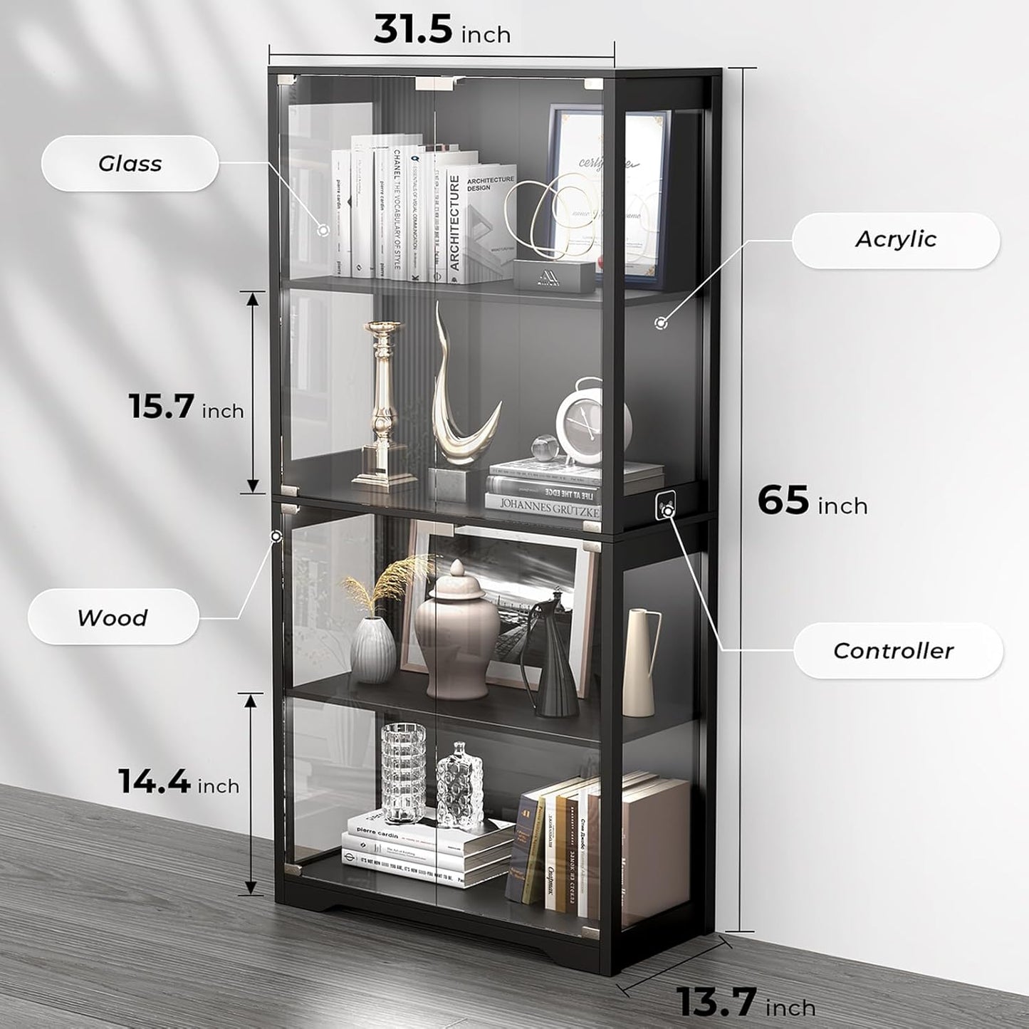 Vetrina con Ante in Vetro – Credenza a 4 Ripiani con Luci LED a 3 Colori