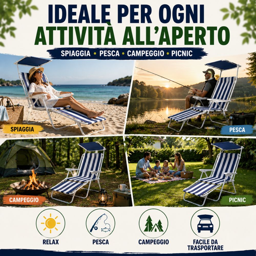 Sedia Reclinabile Pieghevole con Visiera Parasole e Poggiagambe 🏖️☀️