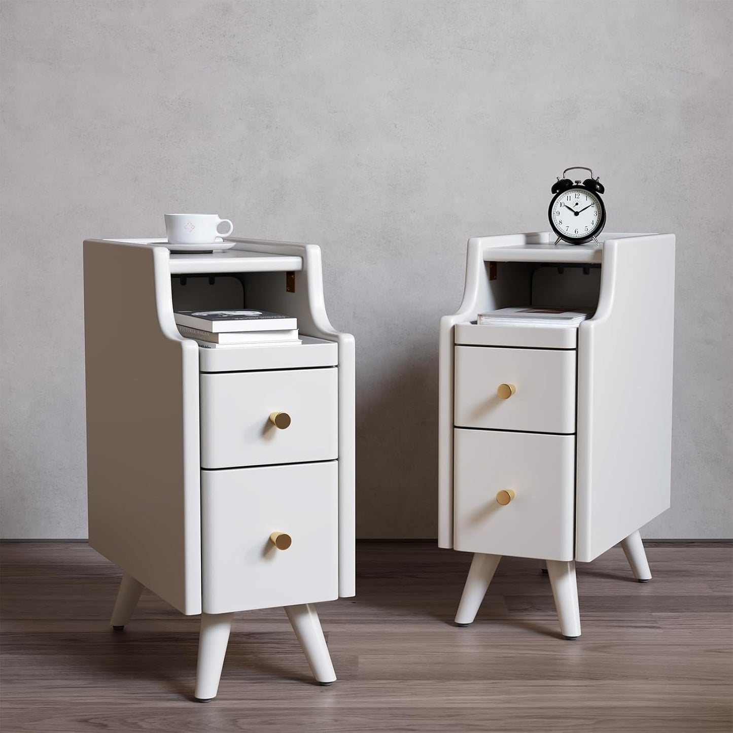 Set di 2 comodini stretti bianchi – Tavolini da letto piccoli in legno con cassetti per camere da letto compatte 🛏️✨