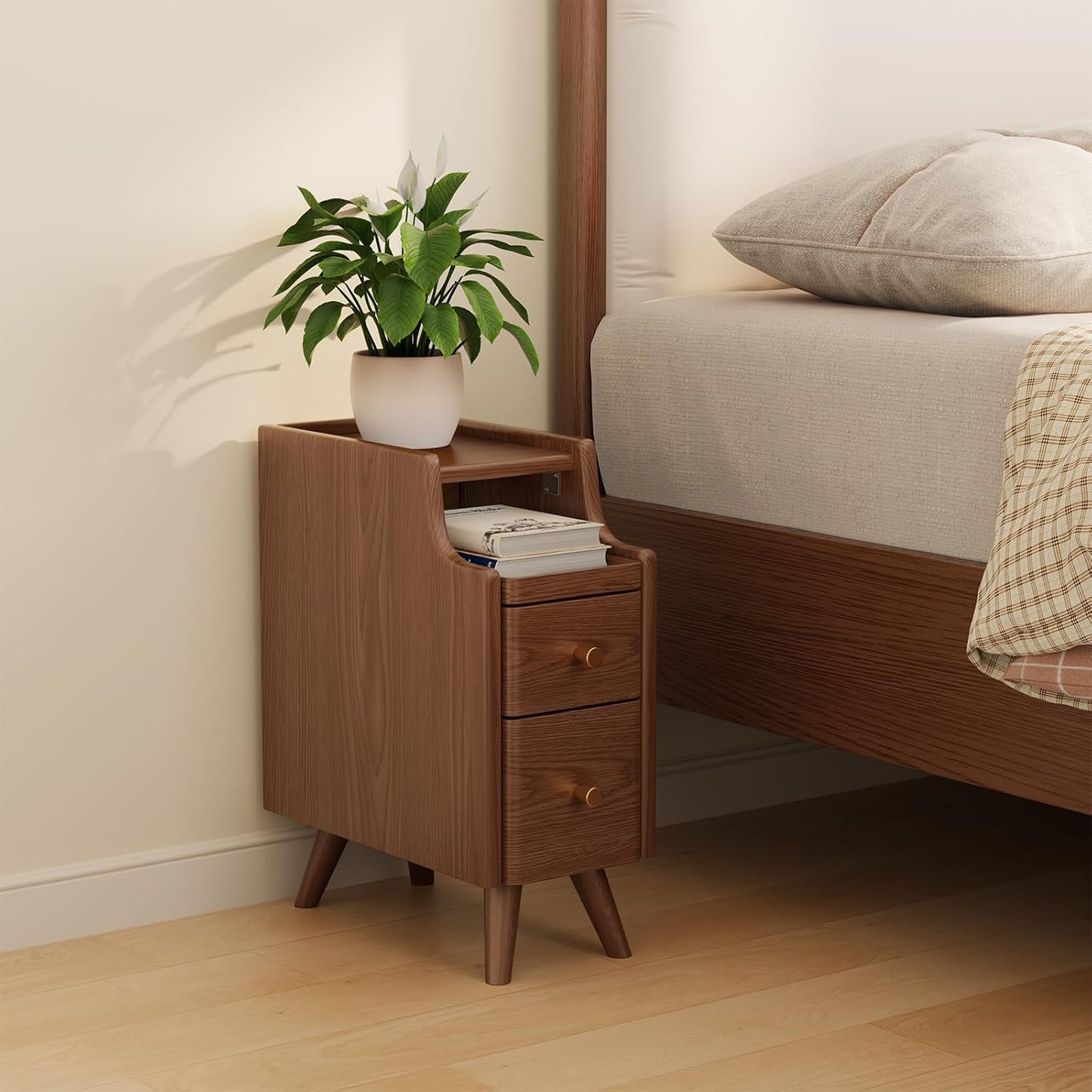 Set di 2 comodini stretti bianchi – Tavolini da letto piccoli in legno con cassetti per camere da letto compatte 🛏️✨