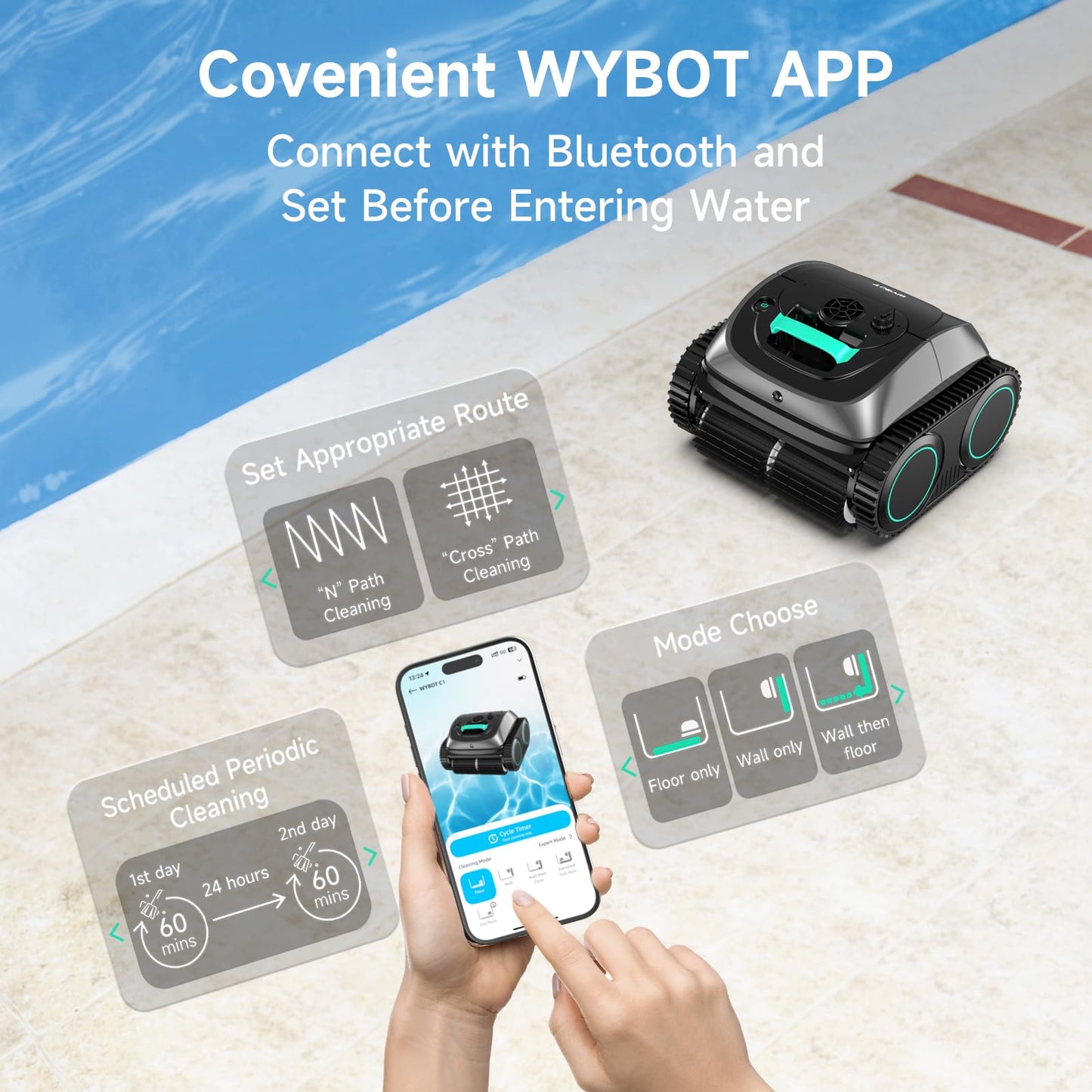WYBOT Pool Vacuum for Inground Pools, 4-in-1 Cordless Robotic Pool Cleaner for Above Ground Pools, Triple-Motor up to 1,614 Sq.ft, Wall & Waterline Cleaning, WiFi & Bluetooth (Grey)