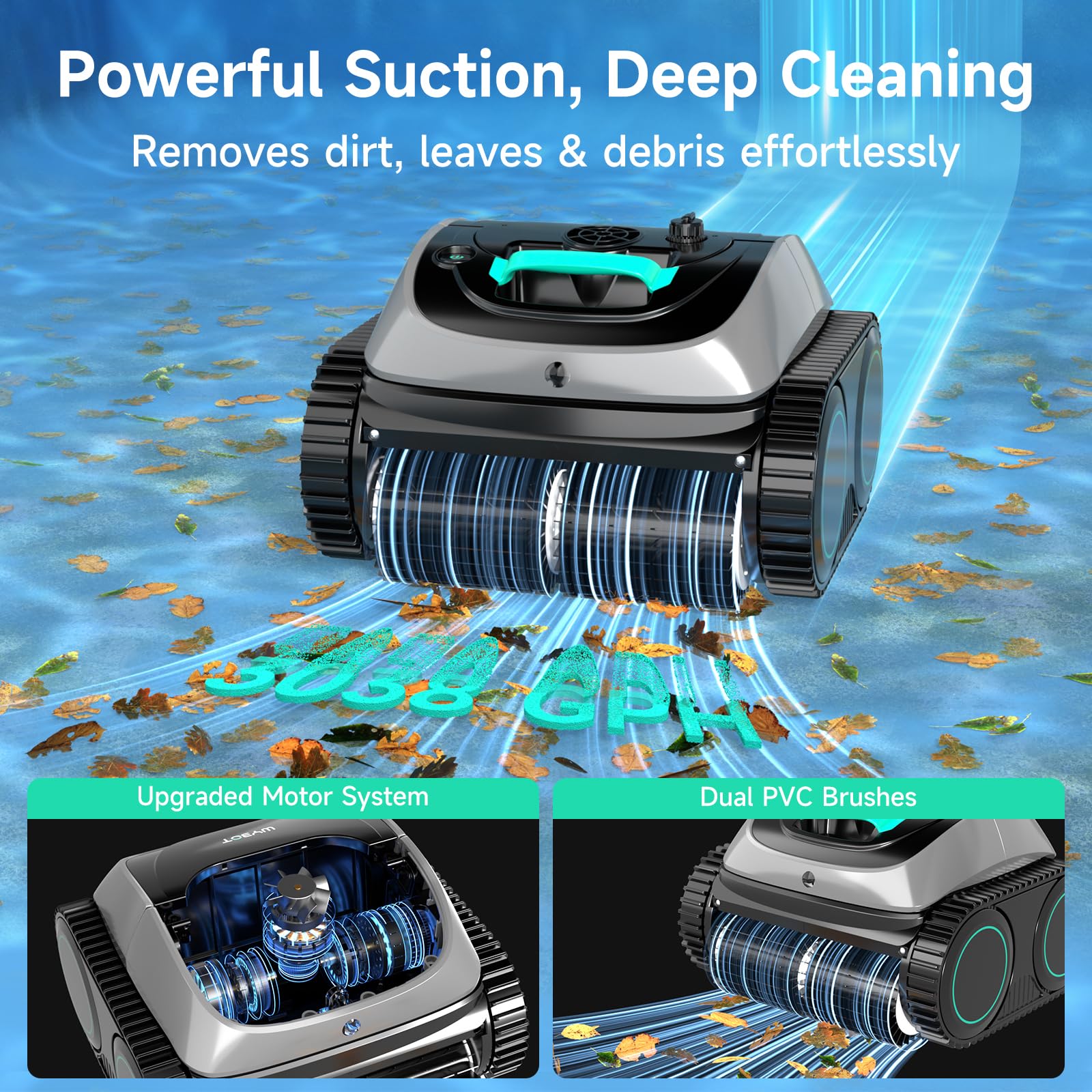 WYBOT Pool Vacuum for Inground Pools, 4-in-1 Cordless Robotic Pool Cleaner for Above Ground Pools, Triple-Motor up to 1,614 Sq.ft, Wall & Waterline Cleaning, WiFi & Bluetooth (Grey)