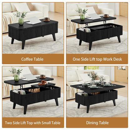 Black coffee table, one side lift top work desk, two side lift top with small table, and dining table in a living room setting.