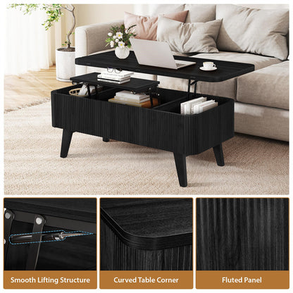 Black coffee table with lift-top feature in a living room setting, showing smooth lifting structure, curved corner, and fluted panel details.