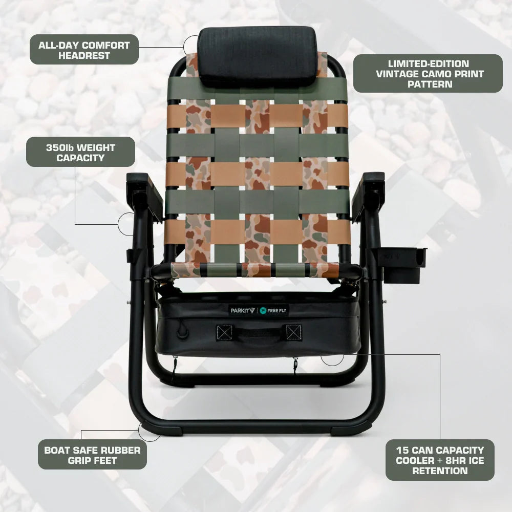 Infographic of the PARKIT × Free Fly Eclipse Recliner in Vintage Camo pattern, highlighting its all-day comfort headrest, 350lb weight capacity, boat-safe rubber grip feet, and 15-can capacity built-in cooler with 8-hour ice retention. The best folding outdoor chair for beach days, fishing trips, and backyard lounging, engineered for durability, comfort, and performance.