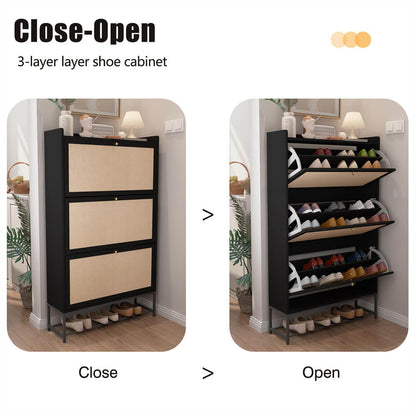 Modern Entryway Wooden Shoe Cabinet Freestanding Tipping Bucket Shoe Rack Black with 3 Flip Drawers