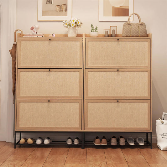 Modern Entryway Wooden Shoe Cabinet Freestanding Tipping Bucket Shoe Rack Natural with 3 Flip Drawers