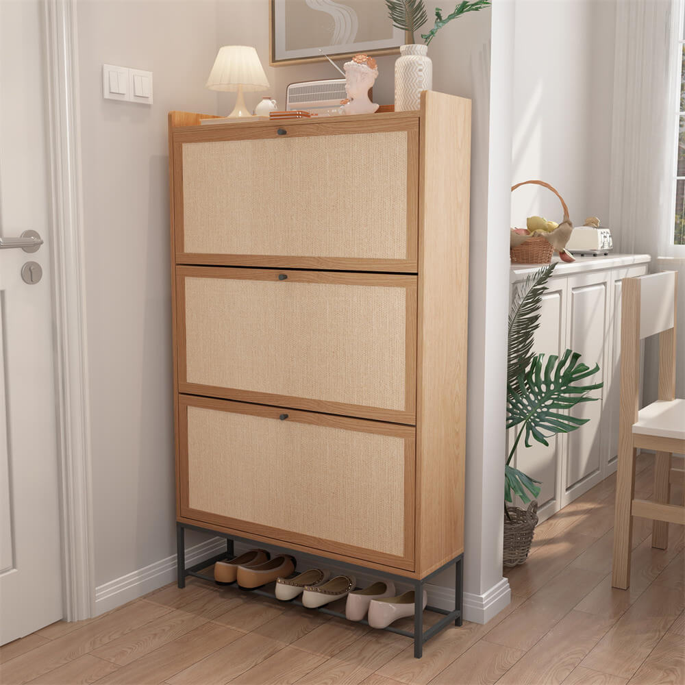 Modern Entryway Wooden Shoe Cabinet Freestanding Tipping Bucket Shoe Rack Natural with 3 Flip Drawers