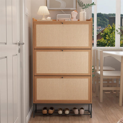 Modern Entryway Wooden Shoe Cabinet Freestanding Tipping Bucket Shoe Rack Natural with 3 Flip Drawers