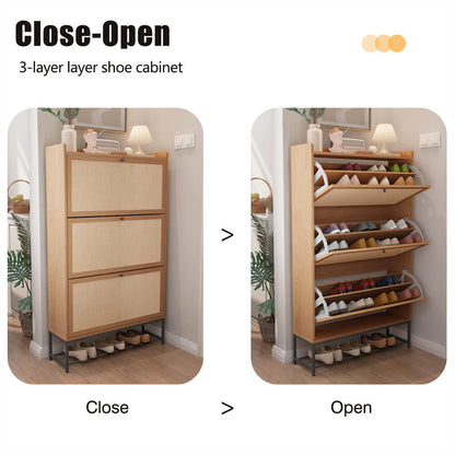 Modern Entryway Wooden Shoe Cabinet Freestanding Tipping Bucket Shoe Rack Natural with 3 Flip Drawers