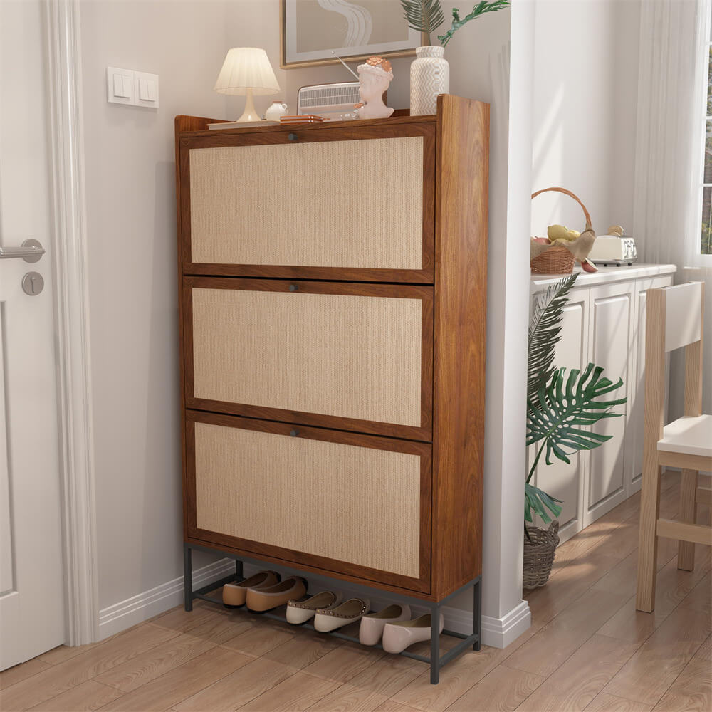 Modern Entryway Wooden Shoe Cabinet Freestanding Tipping Bucket Shoe Rack Walnut with 3 Flip Drawers