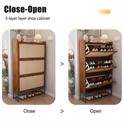 Modern Entryway Wooden Shoe Cabinet Freestanding Tipping Bucket Shoe Rack Walnut with 3 Flip Drawers