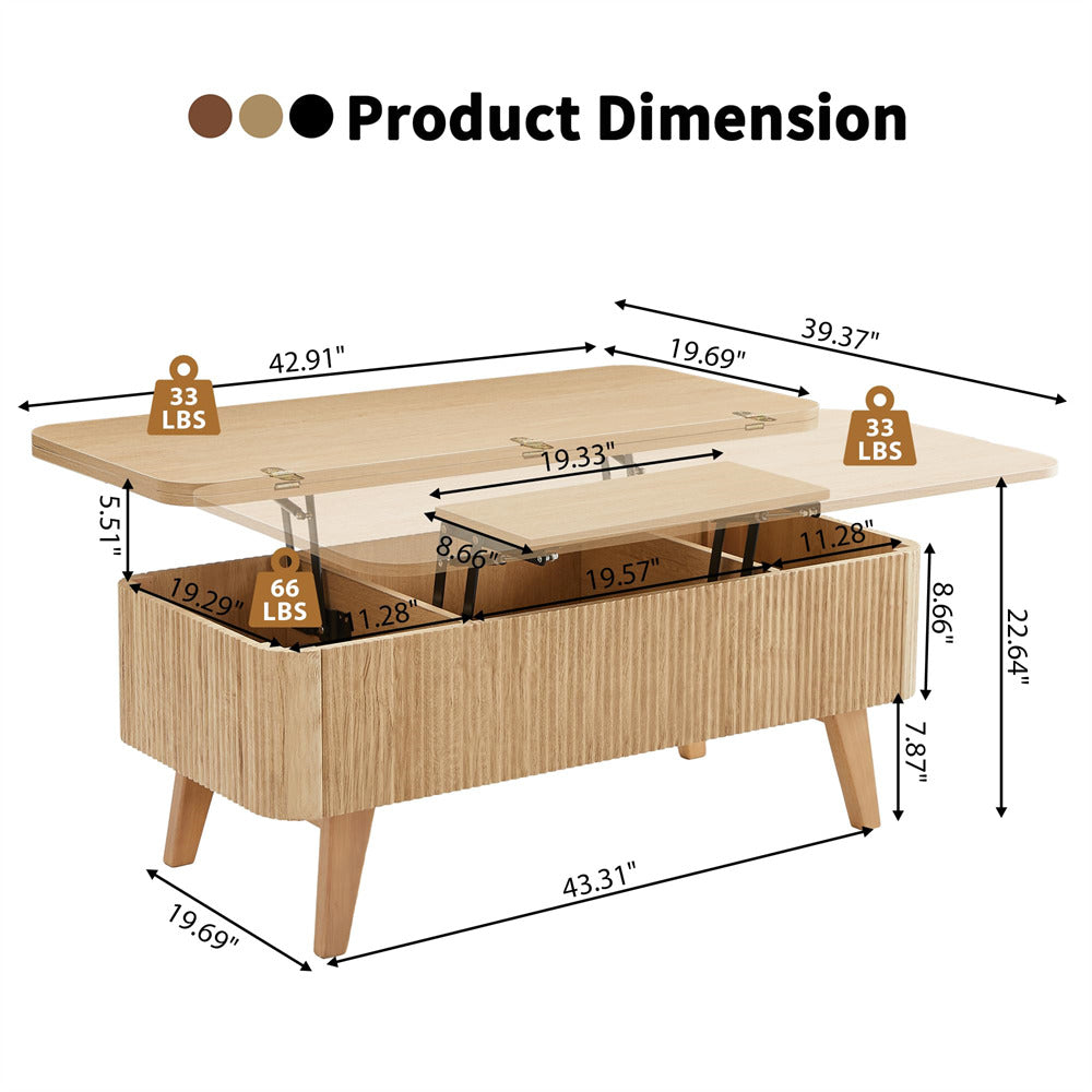 3 in 1 Convertible Fluted Lift Top Coffee Table with Storage