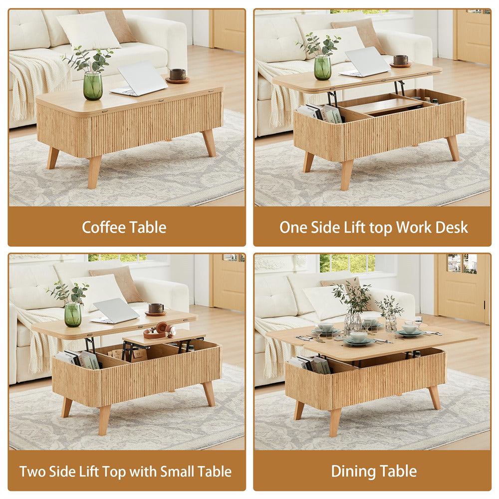 3 in 1 Convertible Fluted Lift Top Coffee Table with Storage