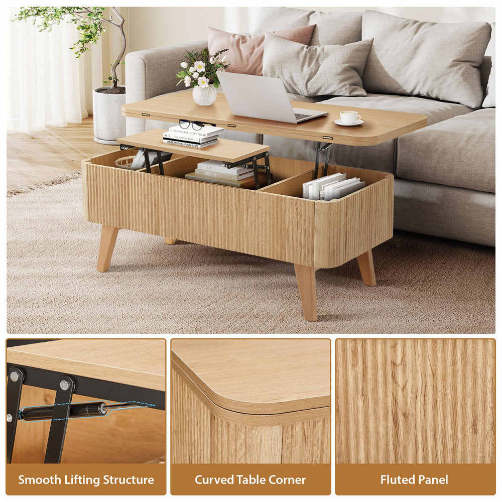 3 in 1 Convertible Fluted Lift Top Coffee Table with Storage