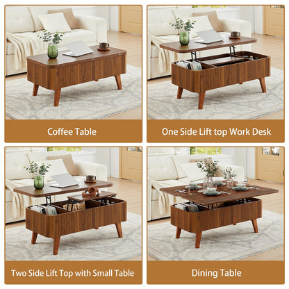 Walnut 3 in 1 Convertible Fluted Lift Top Coffee Table with Storage