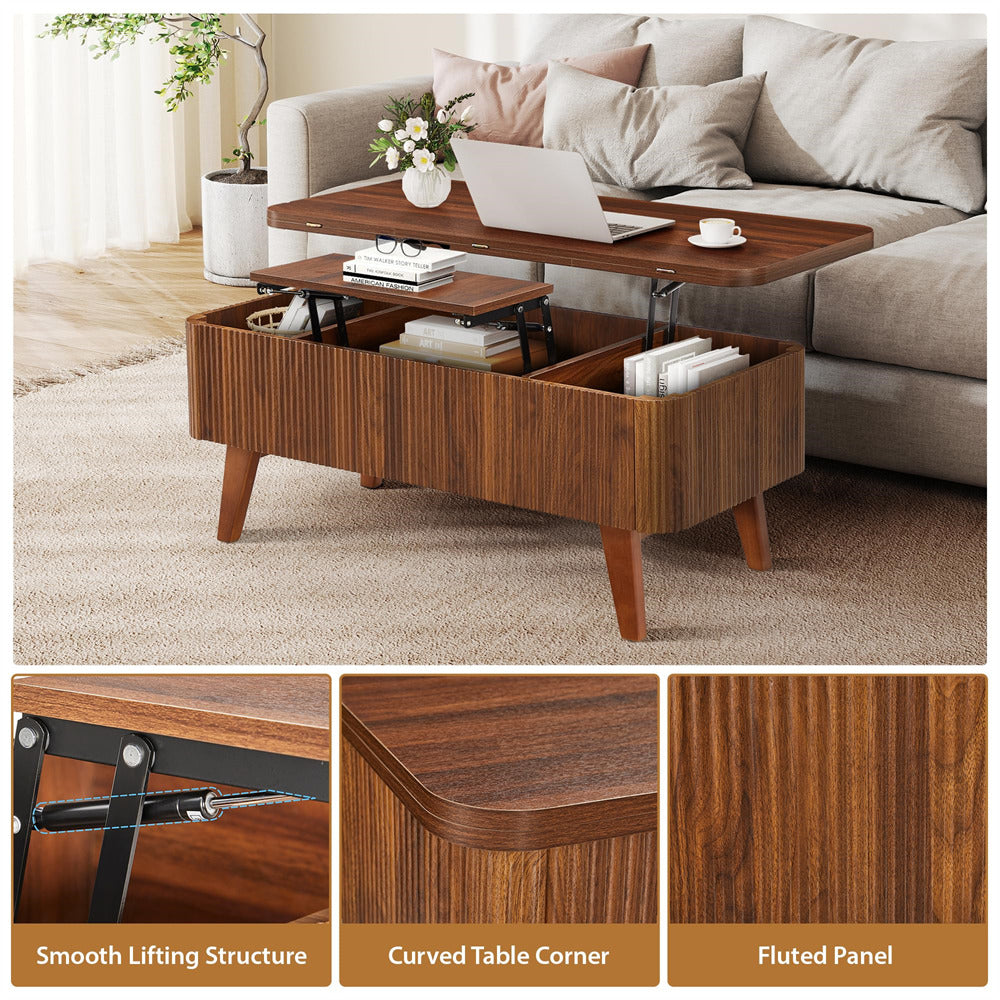 3 in 1 Convertible Fluted Lift Top Coffee Table with Storage